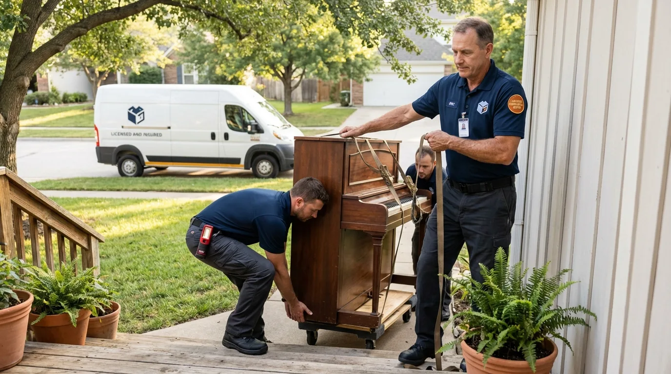 Licensed piano movers securing grand piano in Darien, WI