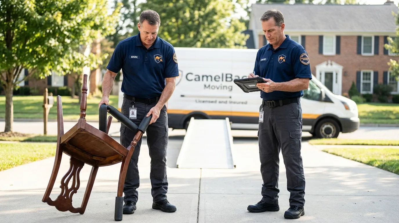 Movers inspecting furniture for damage prevention before loading in Darien, WI