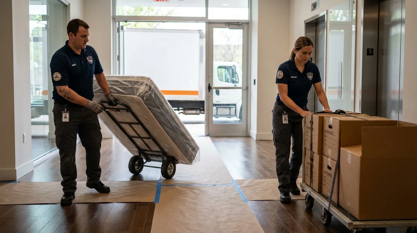 Professional apartment movers loading elevator in Darien, WI